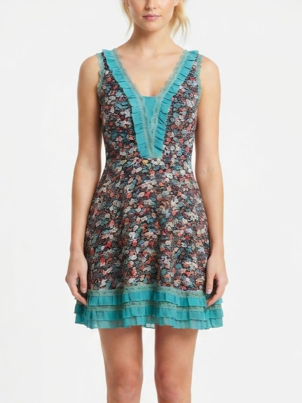 KHUJO Floral Mini Dress Size M Teal Summer Green Brown Lightweight Cottagecore